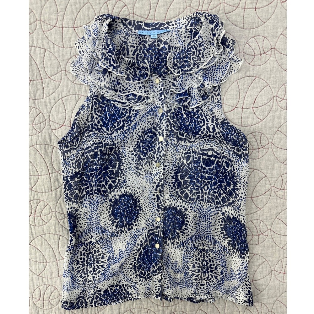 Antonio Melani Blouse Blue Silk‎ Ruffle Animal Print / Womens Small
